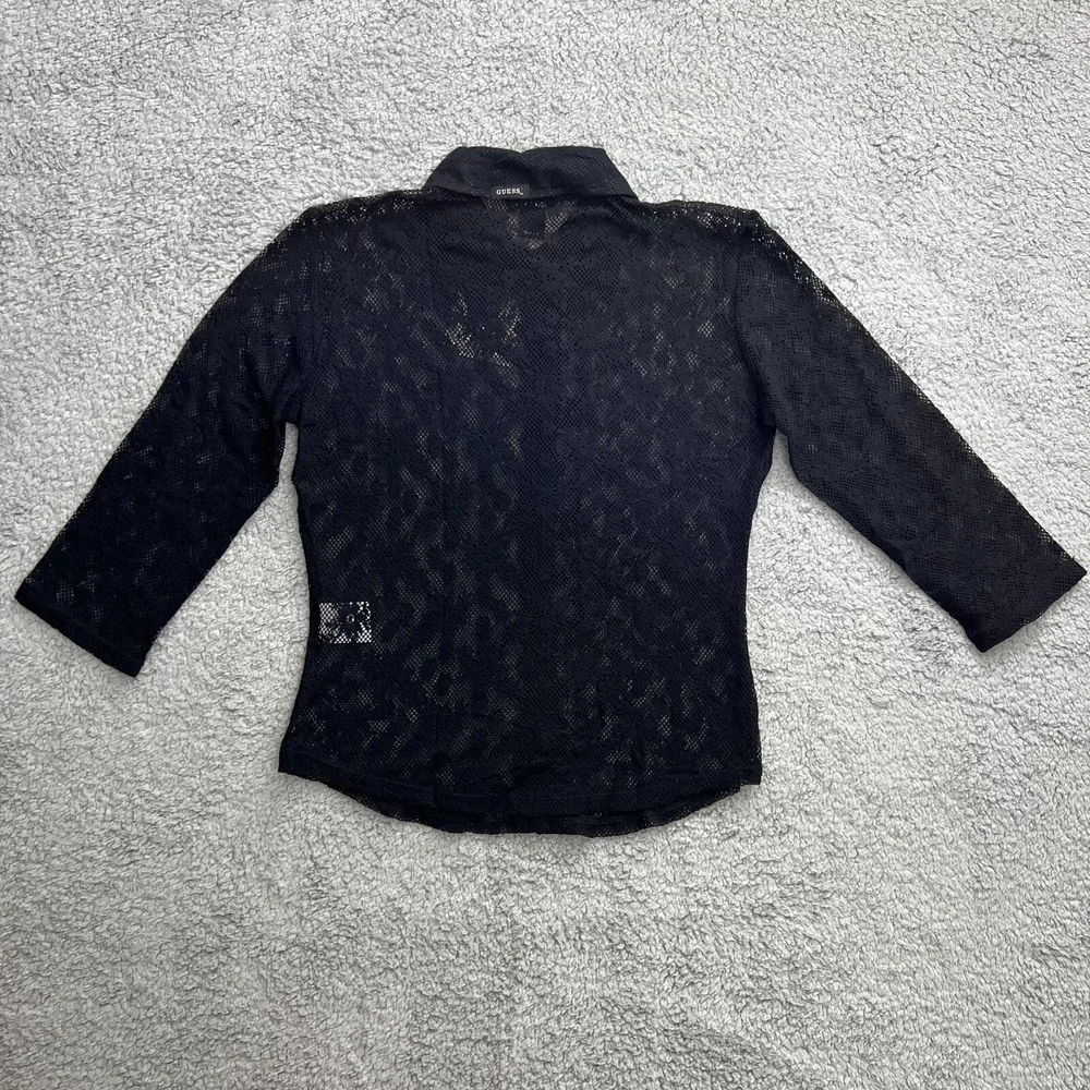 Guess U.S.A. Black Lace Fitted 3/4 Button Nylon Top Women's Size M VTG NWT‎